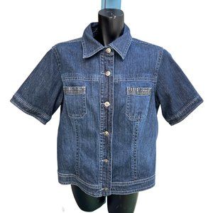 Chico's Denim Jeans Jacket Beading Dark Wash Button Front Short Sleeve Blue 2